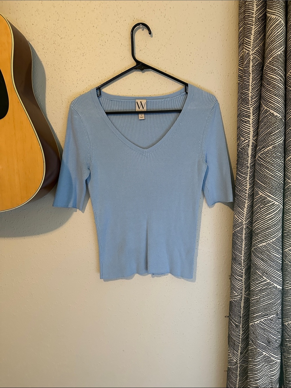 Pastel Blue Ribbed V-Neck Top